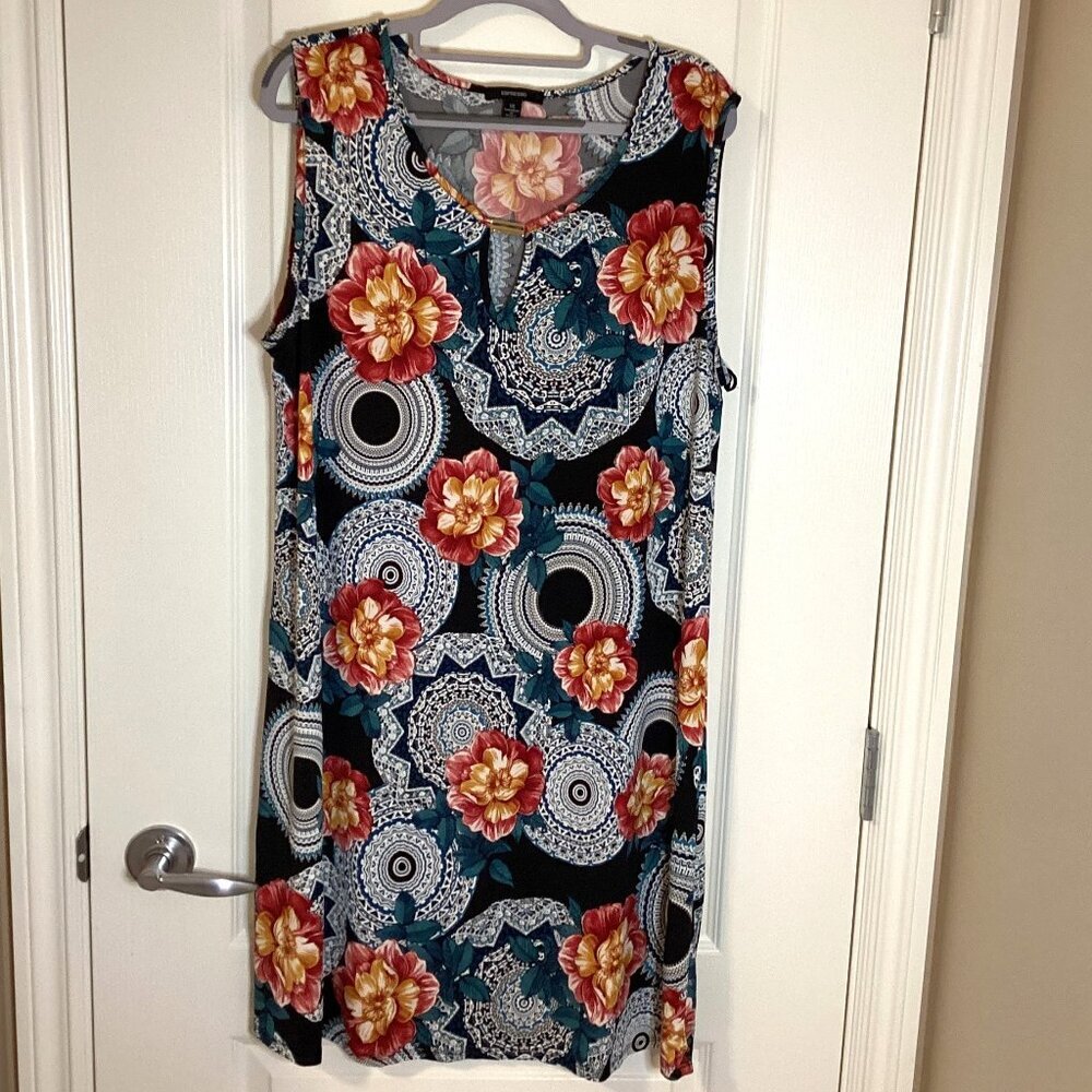 Vintage Espresso Women's Shift Dress Size 1X Floral Circle Pattern Sleeveless